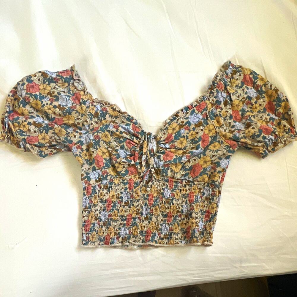 west of MELROSE Women’s Multicolor Floral Square Neck Smocked Puff Tie XS